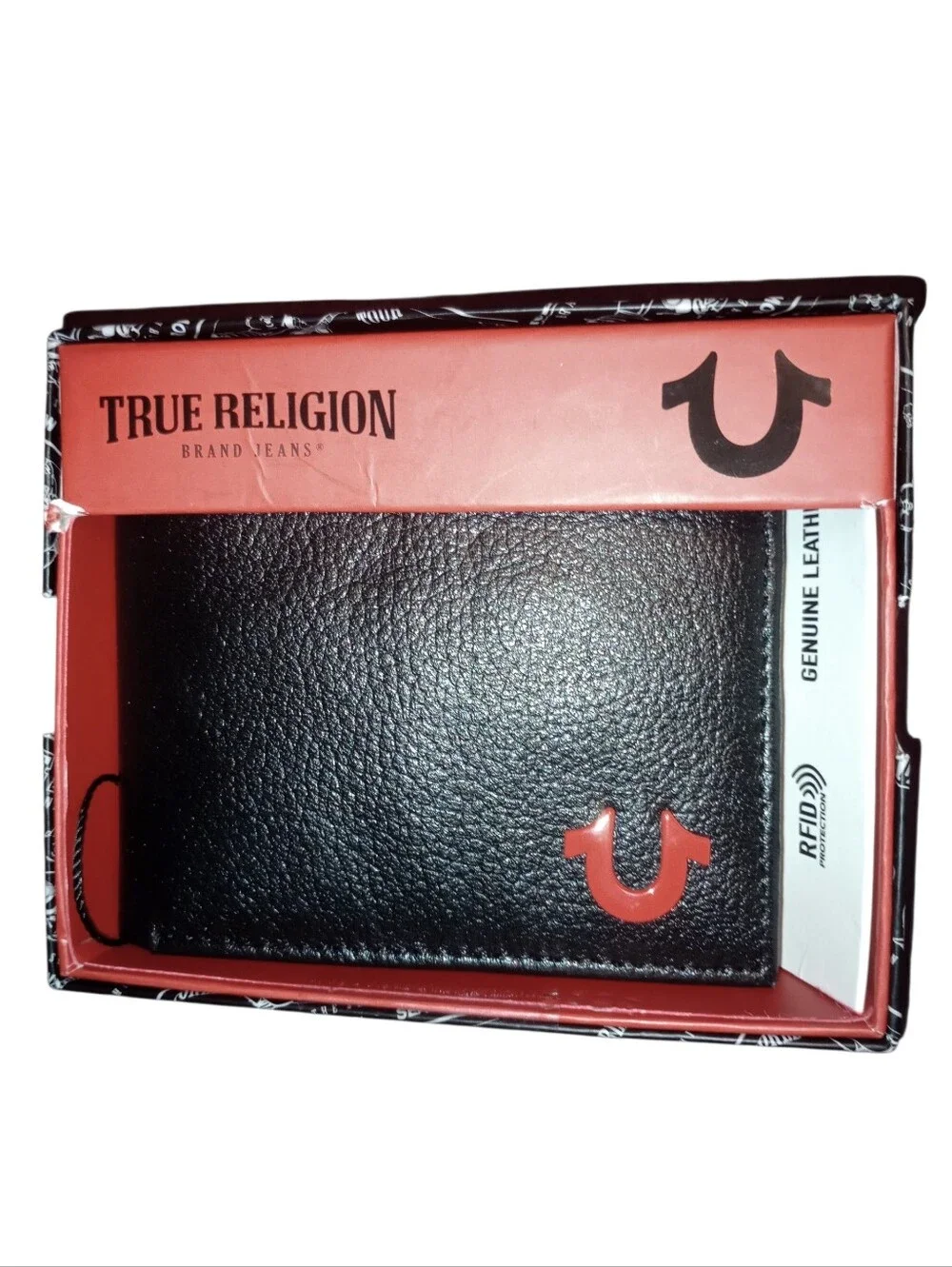 True Religion Black Leather Wallet with Red Horseshoe Logo, Gift Boxed, NWT